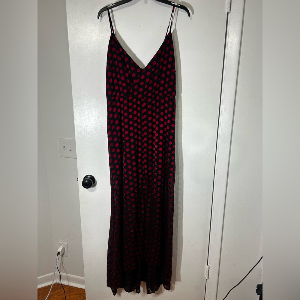 Lovers + Friends Angel Maxi Wrap Polka Dot Wedding Guest Dress in Red Black Sz L - Picture 2 of 15